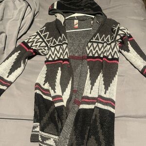 Geometric Patterned Hooded Cardigan